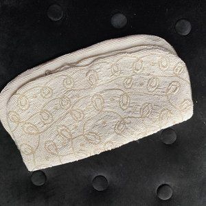 Vintage Beaded Foldover Purse Clutch White Heavy